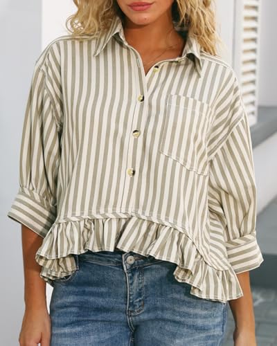 51gWLspqmRL.jpg Womens Summer Tops Dressy Casual Blouse Top Ruffled Short Sleeve Button Down Striped Shirt