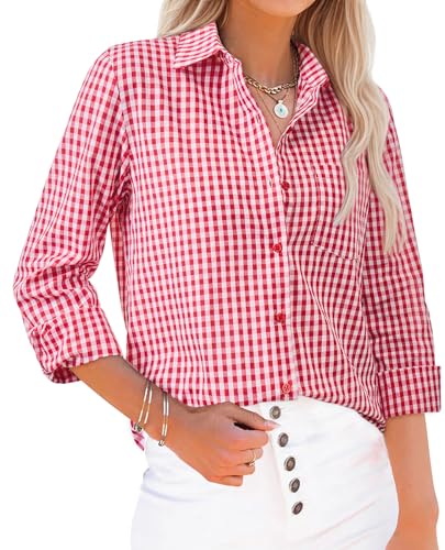 Button Down Shirts for Women Gingham Top Plaid Long Sleeve Dress Shirts Cotton Fitted Casual Work Collared Blouse