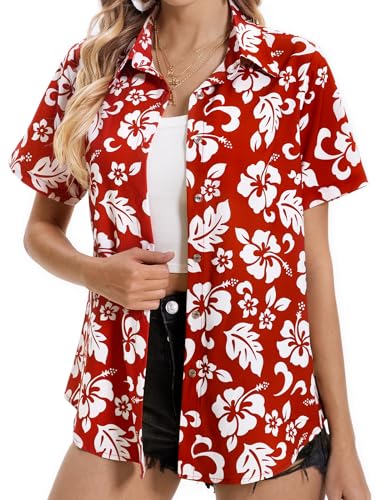 Hawaiian Shirts for Women Tropical Shirt Summer Beach Button Down Short Sleeve Blouses Floral Top Aloha Luau Outfits 2025