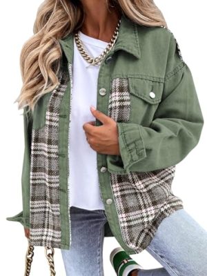 Womens Oversized Denim Jacket Casual Long Sleeve Button Down Plaid Shacket Boyfriend Jean Jacket With Pockets
