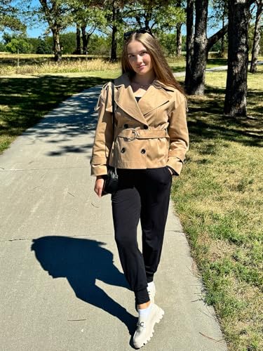 Womens Cropped Trench Coat Casual Double Breasted Short Jacket Fall Fashion Outerwear with Belt