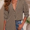 51lTaUJFbGL.jpg Womens Waffle Knit Button Down Shirt Stripe Long Sleeve Casual Blouses Tops