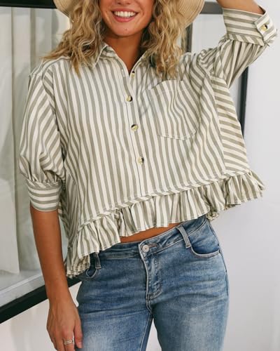 51lVIUPTpHL.jpg Womens Summer Tops Dressy Casual Blouse Top Ruffled Short Sleeve Button Down Striped Shirt
