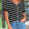Women's Short Sleeve Sweater Spring Summer Crochet Knit Tops 2025 V Neck Striped Button Down Dressy Casual Blouses