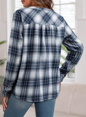 Women's V Neck Plaid Shirts Dressy Casual Blouses Button-Down Business Work Boho Tops Long Sleeve 2025 Fall Outfits