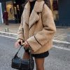 Women's Winter Casual Embroidered Sherpa Jacket Notch Lapel Fuzzy Faux Fur Fleece Jacket Coat