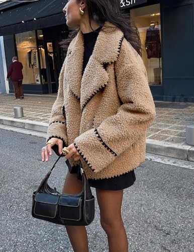 Women's Winter Casual Embroidered Sherpa Jacket Notch Lapel Fuzzy Faux Fur Fleece Jacket Coat