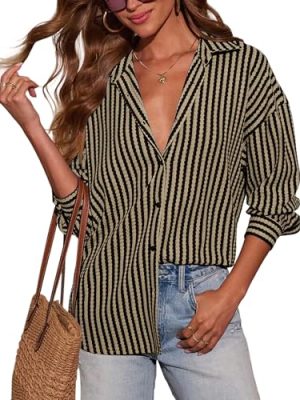 Waffle Knit Button Down Shirts for Women Striped Long Sleeve Dressy Casual Tops Oversized Blouses Fall Outfits