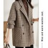Womens Notched Lapel Pea Coat Double Breasted Blazer Jackets Houndstooth Woolen Blend Overcoat with Pockets