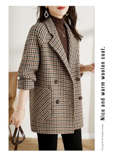 Womens Notched Lapel Pea Coat Double Breasted Blazer Jackets Houndstooth Woolen Blend Overcoat with Pockets