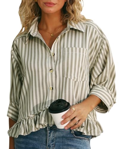 51rcaCIVCyL.jpg Womens Summer Tops Dressy Casual Blouse Top Ruffled Short Sleeve Button Down Striped Shirt