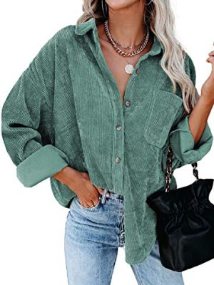 Womens Corduroy Button Down Shirts Boyfriend Long Sleeve Oversized Blouses Tops