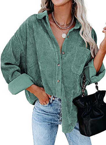 51rebgpQcpL.jpg Womens Corduroy Button Down Shirts Boyfriend Long Sleeve Oversized Blouses Tops