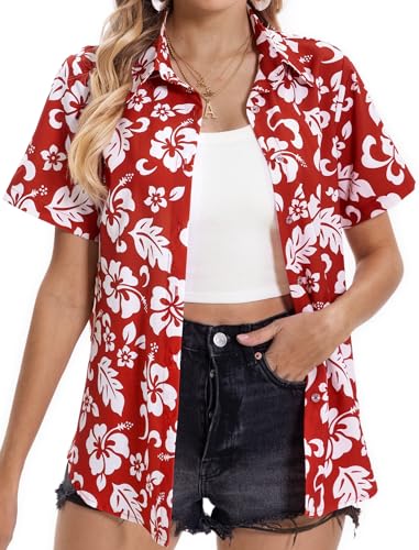 Hawaiian Shirts for Women Tropical Shirt Summer Beach Button Down Short Sleeve Blouses Floral Top Aloha Luau Outfits 2025
