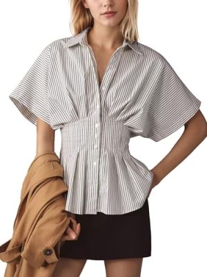 Striped Button Down Shirts for Women Short Sleeve Pleated Corset Blouse Casual Summer Peplum Dressy Tops