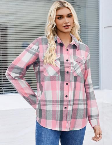 Womens Button Down Flannel Shirts Long Sleeve Plaid Blouses Lightweight Business Dressy Casual Top with Pockets