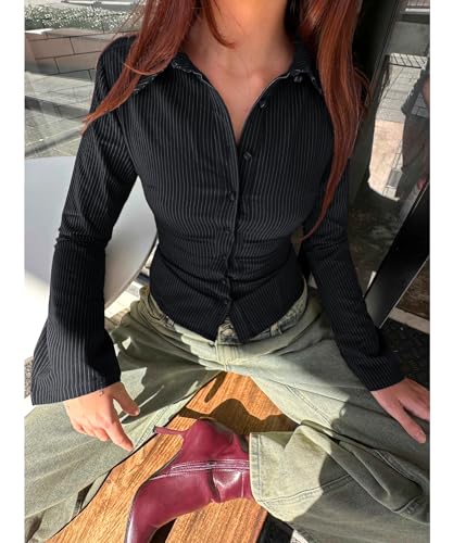 51tlSZ7KTGL.jpg Women Striped Fitted Button Down Shirts Bell Long Sleeve Shirt Office Work Blouse Tops