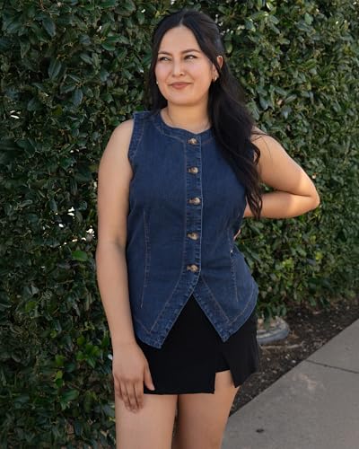 51y0QE8snFL.jpg Denim Vest for Women Sleeveless Strechy Jean Vest Top Button Down Crewneck Casual Summer Western Waistcoat