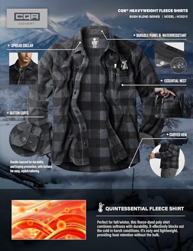 Men's Long Sleeve Heavyweight Fleece Shirts, Plaid Button Up Shirt, Warm Outdoor Casual Shirt with Pockets