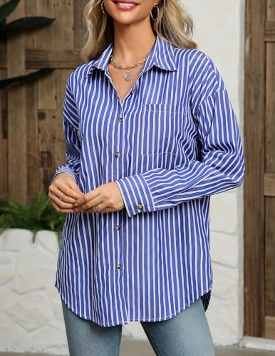51yusJH6q3L.jpg Women's Striped Button Down Shirts Casual Long Sleeve Boyfriend Loose Collared Blouses Tops