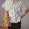 51zCNno8MpL.jpg Striped Button Down Shirts for Women Short Sleeve Pleated Corset Blouse Casual Summer Peplum Dressy Tops