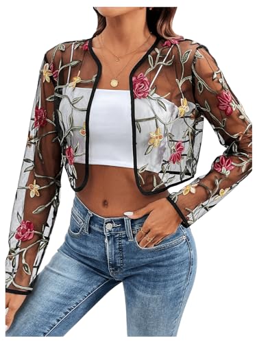 Women's Floral Embroidered Open Front Crop Jackets Long Sleeve Mesh Summer Cardigan Tops