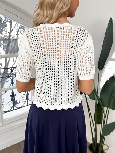 Women Crochet Shrug Sweater Tie Front Knit Bolero Shrug for Dress Short Sleeve Cropped Cardigan