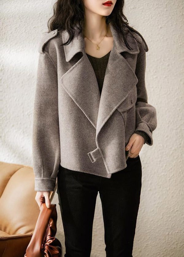 61ca2w3xQ3L.jpg Women Cropped Wool Coats Notched Lapel Pea Coat Open Front Trench Overcoat Jackets with Pockets