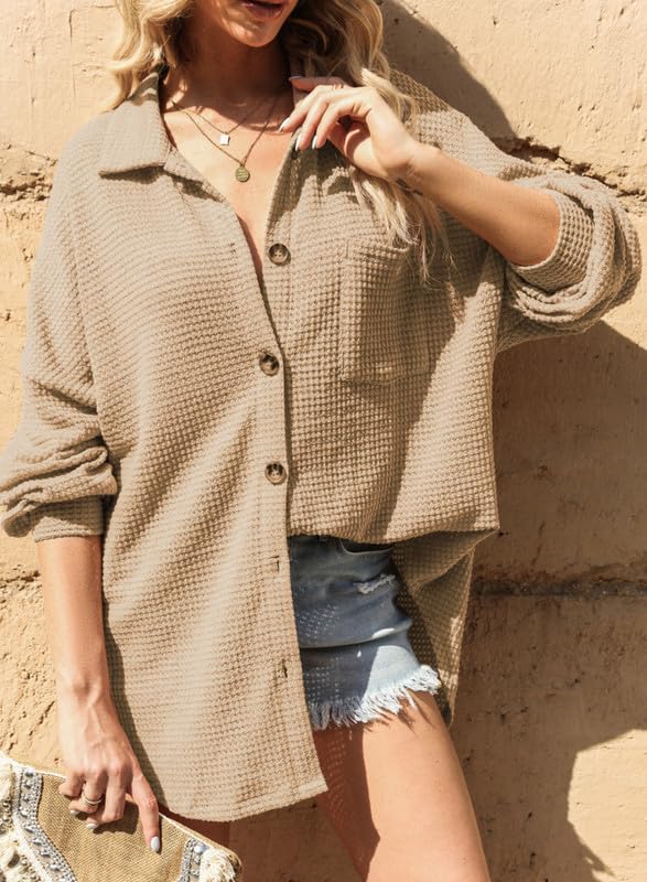 Womens Waffle Knit Shacket Jacket Casual Long Sleeve Button Down Shirts Dressy Blouses Tops