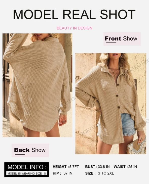 Womens Waffle Knit Shacket Jacket Casual Long Sleeve Button Down Shirts Dressy Blouses Tops