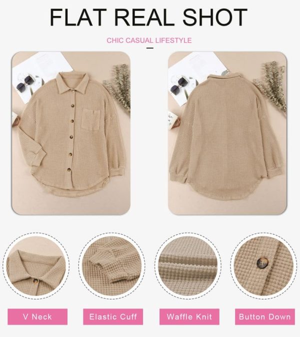 Womens Waffle Knit Shacket Jacket Casual Long Sleeve Button Down Shirts Dressy Blouses Tops