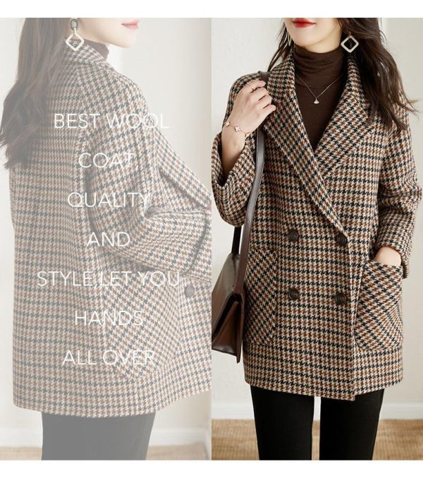 Womens Notched Lapel Pea Coat Double Breasted Blazer Jackets Houndstooth Woolen Blend Overcoat with Pockets